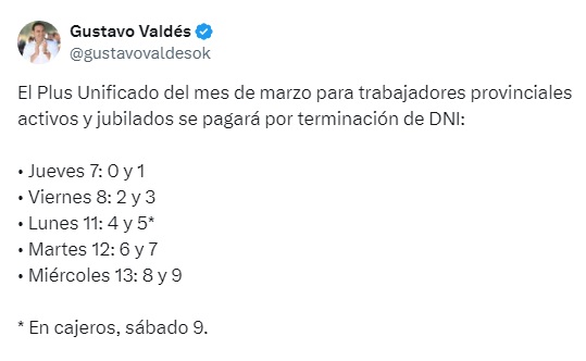 Plus Unificado de marzo: Valdés informó días de pago del cronograma