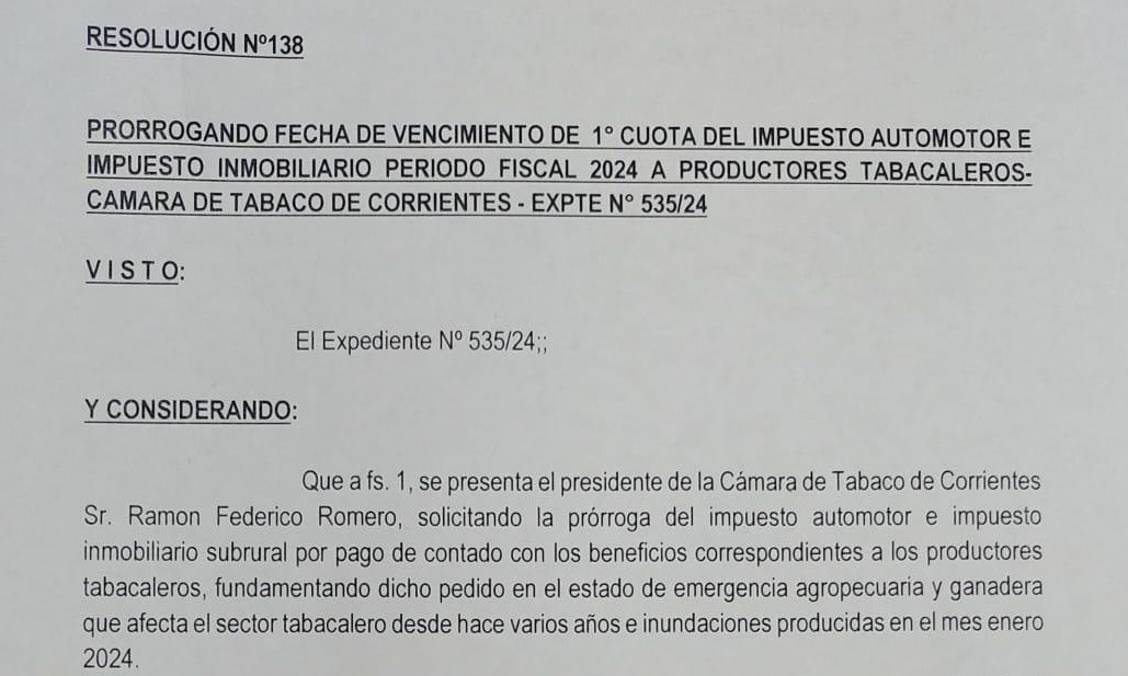 RESPUESTA DEL INTENDENTE HORMAECHEA A SOLICITUD DE PRODUCTORES TABACALEROS