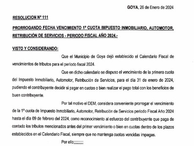 PRÓRROGA VENCIMIENTO 1ª CUOTA IMPUESTO INMOBILIARIO, AUTOMOTOR, RETRIBUCIÓN DE SERVICIOS –PERIODOS FISCAL 2024
