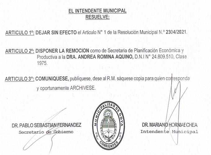 INTENDENTE HORMAECHEA REQUIRIÓ LA RENUNCIA A SECRETARIA DE PLANIFICACIÓN ECONÓMICA Y PRODUCTIVA