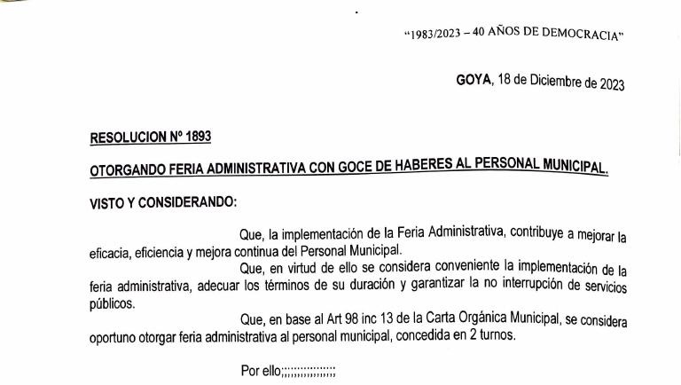 MUNICIPALIDAD DE GOYA: FERIA ADMINISTRATIVA PARA EL PERSONAL