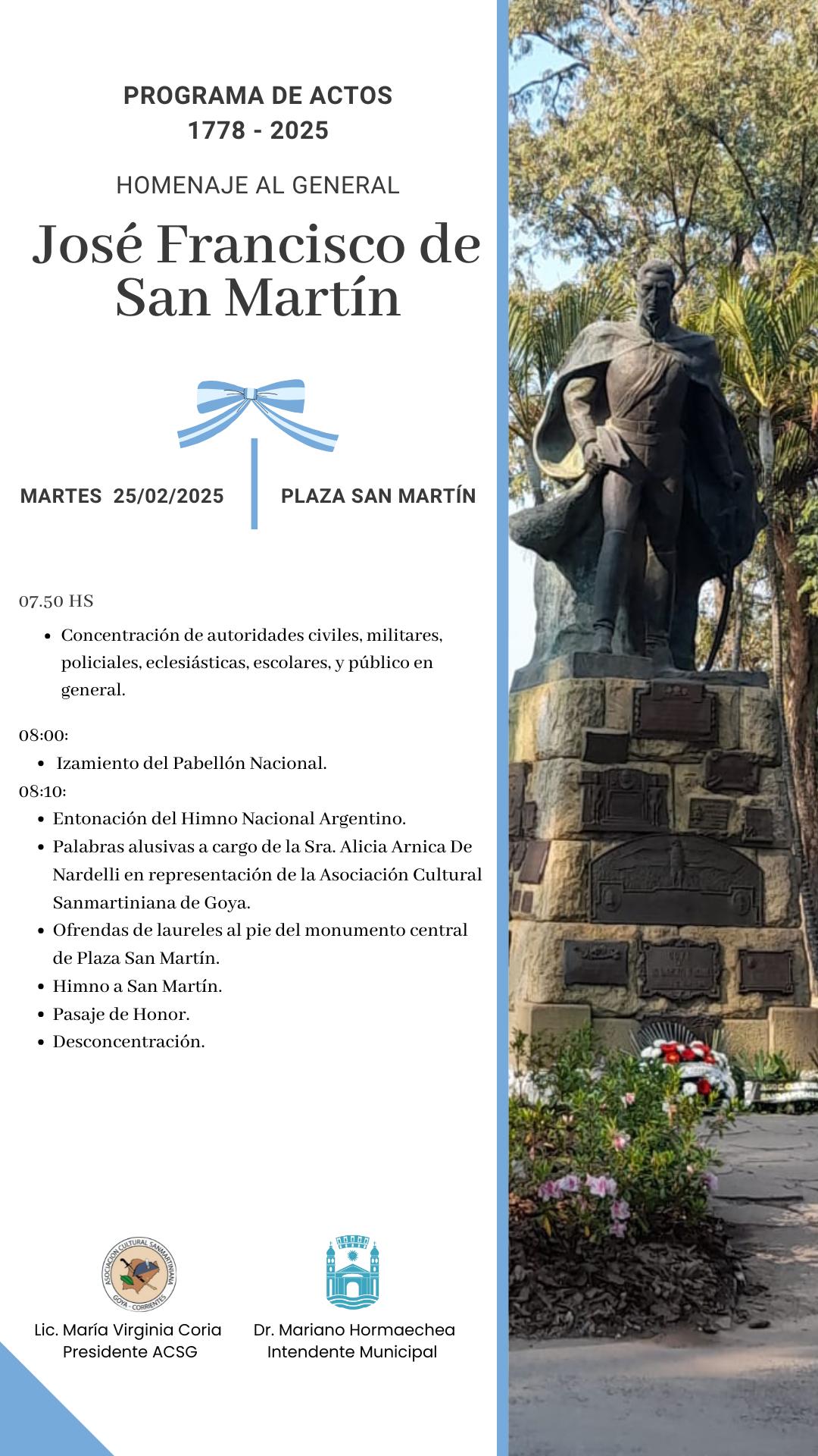 EN PLAZA SAN MARTÍN DE GOYA SE CONMEMORARÁ NATALICIO DEL PADRE DE LA PATRIA