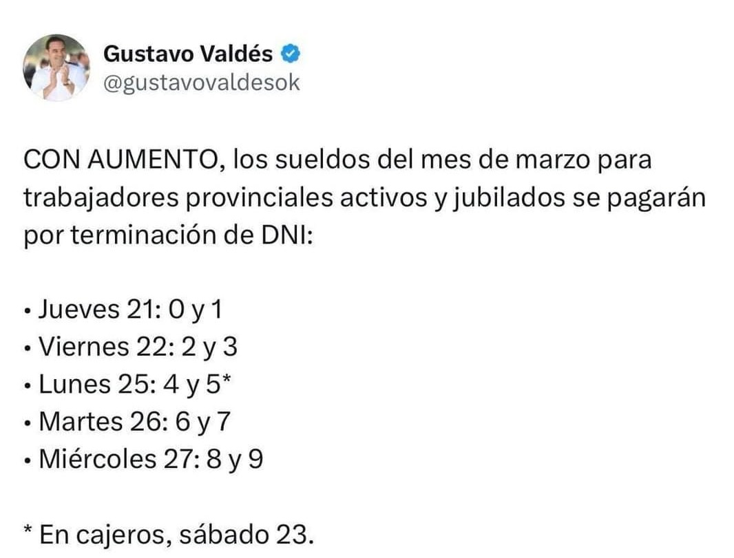 Valdés anuncia pago de sueldos de febrero con aumentos, desde el viernes 23