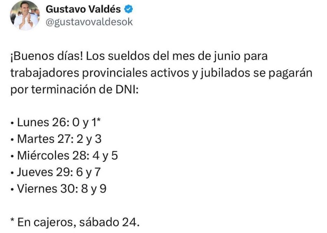 Sueldo: Valdés anunció pago de junio y Provincia vuelca cerca de $19.000 millones