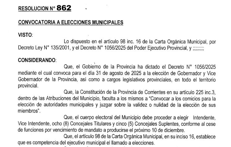 CONVOCATORIA A ELECCIONES MUNICIPALES PARA EL 31 DE AGOSTO
