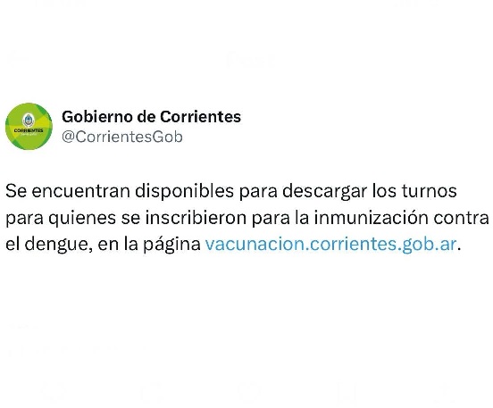El Gobierno de Corrientes informa que ya están disponibles los turnos para la aplicación de vacunas contra el dengue