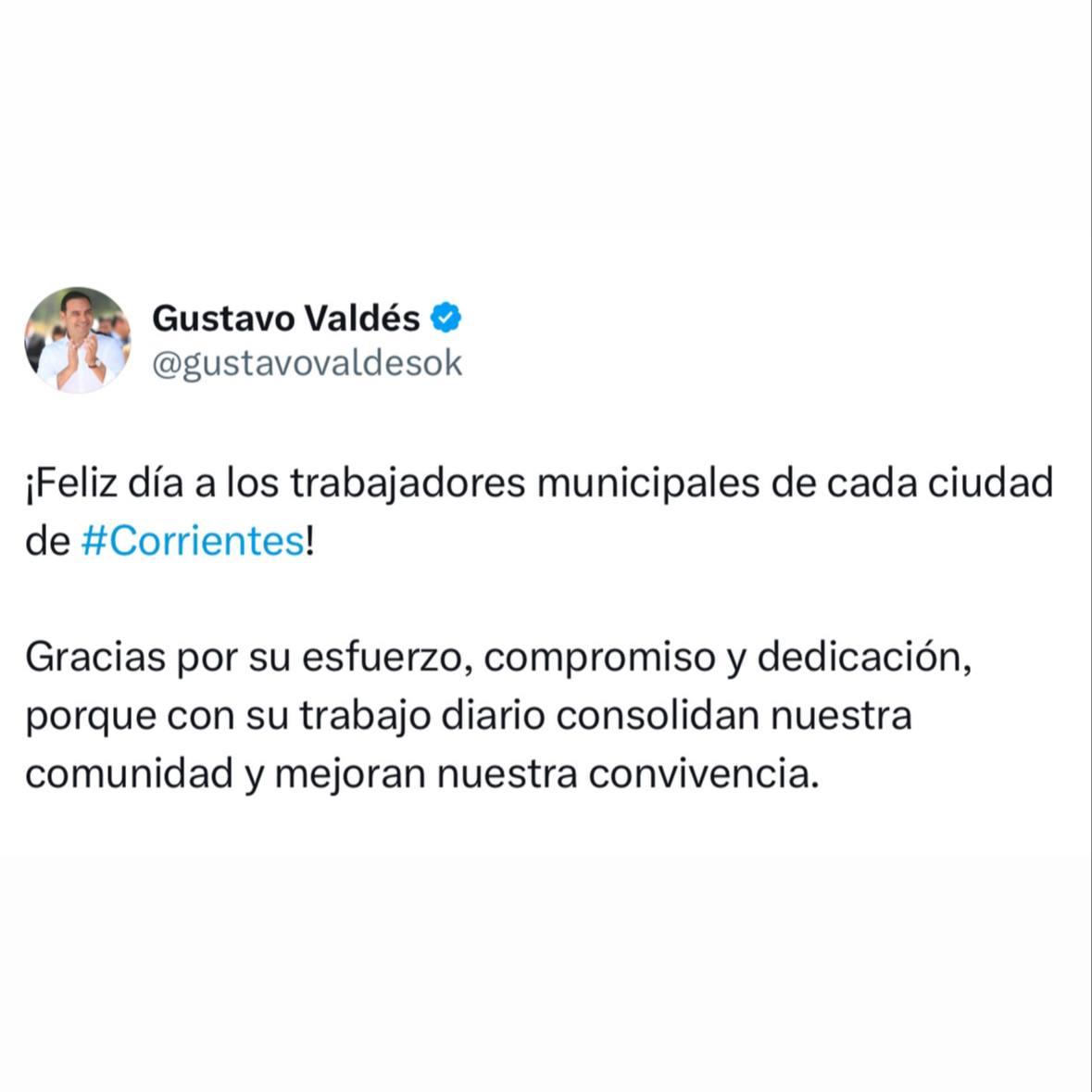 Valdés saludó a los trabajadores municipales correntinos por su día.
