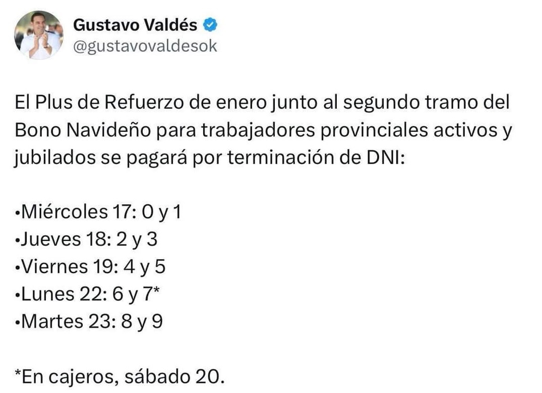 Valdés confirmó días de pago de Bono Navideño y Plus de Refuerzo de enero