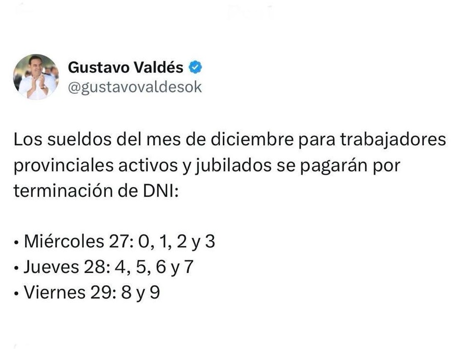 Valdés anuncia pago de sueldos y Provincia acumula inyección superior a los $57.000 millones para ingresos salariales en diciembre