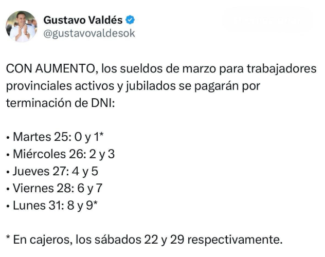 Haberes de marzo: Valdés confirmó cronograma de pago entre el 25 y 31